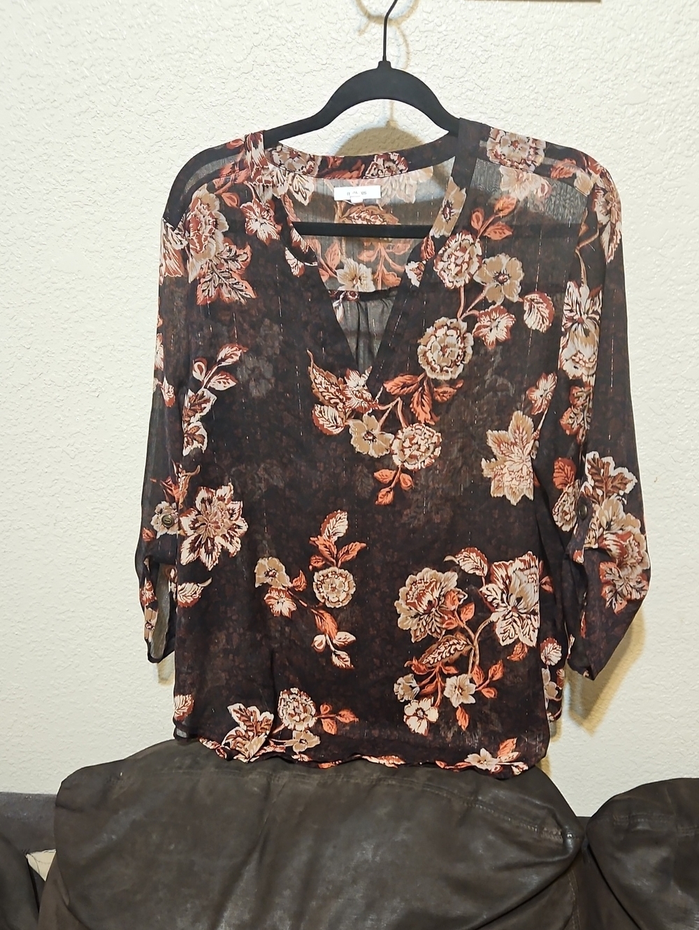 Maurices Black Sheer Floral Split-Neck Blouse with Peach and Cream Blooms